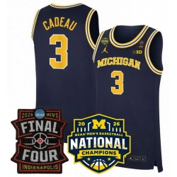 Men Michigan Wolverines  3 Elliot Cadeau Navy 2025 26 Final Four   National Champions Patch Stitched Basketball Jersey
