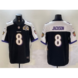 Men Baltimore Ravens 8 Lamar Jackson Black White 2023 F U S E With Patch Throwback Vapor Limited Jersey