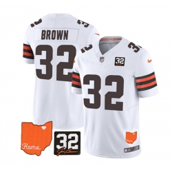 Men Cleveland Browns 32 Jim Brown White 2023 F U S E  With Jim Brown Memorial Patch Vapor Untouchable Limited Stitched Jersey