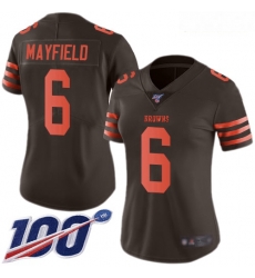 Browns #6 Baker Mayfield Brown Women Stitched Football Limited Rush 100th Season Jersey