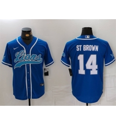 Men Detroit Lions 14 Amon Ra St  Brown Blue Cool Base Stitched Baseball Jersey