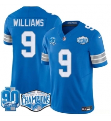 Men Detroit Lions 9 Jameson Williams Blue 2024 NFC North Champions 90th Anniversary Patch F U S E  Vapor Limited Stitched Jersey