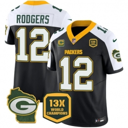 Men Green Bay Packers 12 Aaron Rodgers Black White 2023 F U S E  Home Patch With 4 Star C Patch 13 Time World Champions Vapor Untouchable Limited Stitched 