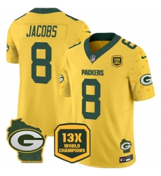 Men Green Bay Packers 8 Josh Jacobs Cheese Gold 2024 F U S E  13 Time World Champions And Home Patch Vapor Untouchable Limited Stitched Football Jersey