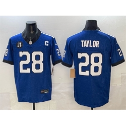Men Indianapolis Colts 28 Jonathan Taylor Blue 2025 F U S E  Jim Irsay Patch Throwback Vapor Limited Stitched Football Jersey