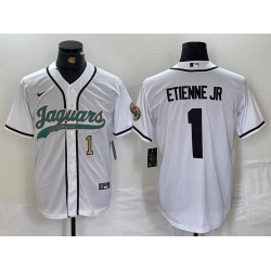 Men Jacksonville Jaguars 1 Travis Etienne Jr  White With Patch Cool Base Stitched Baseball Jersey 2