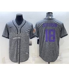 Men Minnesota Vikings 18 Justin Jefferson Grey With Patch Cool Base Stitched Baseball Jersey