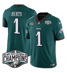 Men Philadelphia Eagles 1 Jalen Hurts Green 2024 NFC East Champions With 3 Star C Patch F U S E  Vapor Untouchable Limited Stitched Football Jersey