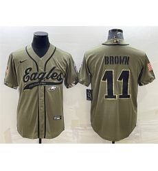 Men Philadelphia Eagles 11 A J  Brown Olive 2022 Salute To Service Cool Base Stitched Baseball Jersey