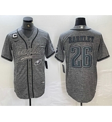 Men Philadelphia Eagles 26 Saquon Barkley Grey Gridiron With C Patch Cool Base Stitched Baseball Jersey