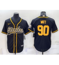 Men Pittsburgh Steelers 90 T J Watt Black Gold With Patch Cool Base Stitched Baseball Jersey