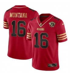 Men San Francisco 49ers 16 Joe Montana Red Gold With 75th Anniversary Patch Stitched Jersey