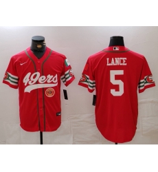 Men San Francisco 49ers 5 Trey Lance Red With Patch Cool Base Stitched Baseball Jersey 3