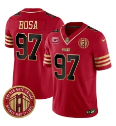 Men San Francisco 49ers 97 Nick Bosa Red F U S E  Golden Gate Bridge With 1 Star C Patch Balck Scarlet Vapor Limited Stitched Football Jersey