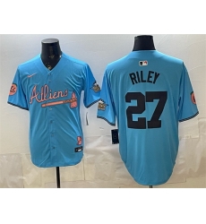 Men Atlanta Braves  27 Austin Riley Blue 2024 Atliens   Peach With Outkast Patch Vapor Limited Stitched Baseball Jersey