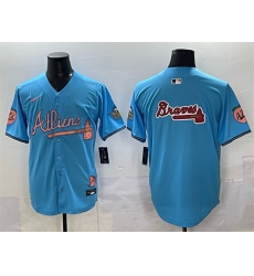 Men Atlanta Braves Team Big Logo Blue 2024 Atliens 26 Peach With Outkast Patch Vapor Limited Stitched Baseball Jersey Men Atlanta Braves Team Big Logo Blue 2024 Atliens 26 Peach With Outkast Patch Vapor Limited Stitched Baseball Jersey