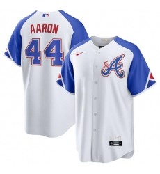 Men's Atlanta Braves #44 Hank Aaron White 2023 City Connect Cool Base Stitched Baseball Jersey