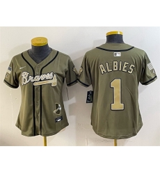 Women Atlanta Braves  1 Ozzie Albies Olive 2026 Armed Forces Day Stitched Baseball Jersey