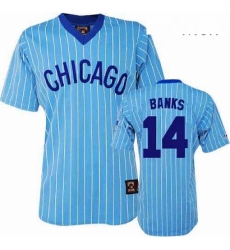 Mens Majestic Chicago Cubs 14 Ernie Banks Replica BlueWhite Strip Cooperstown Throwback MLB Jersey