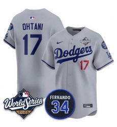 Men Los Angeles Dodgers 17 Shohei Ohtani Grey 2025 World Series With No 34 Patch Limited Stitched Baseball Jersey Men Los Angeles Dodgers 17 Shohei Ohtani Grey 2025 World Series With No 34 Patch Limited Stitched Baseball Jersey