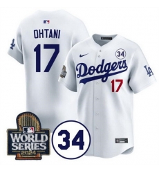 Men Los Angeles Dodgers 17 Shohei Ohtani White 2024 World Series With No  34 Patch Limited Stitched Baseball Jersey