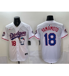 Men Los Angeles Dodgers 18 Yoshinobu Yamamoto White Hello Kitty Night 2025 World Series Champions Patch Stitched Baseball Jersey Men Los Angeles Dodgers 18 Yoshinobu Yamamoto White Hello Kitty Night 2025 World Series Champions Patch Stitched Baseball Jersey