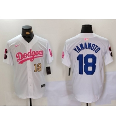 Men Los Angeles Dodgers 18 Yoshinobu Yamamoto White Pink Vin  26 Kobe Patch Stitched Baseball Jersey 3