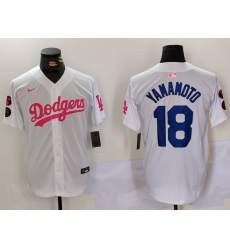 Men Los Angeles Dodgers 18 Yoshinobu Yamamoto White Pink Vin  26 Kobe Patch Stitched Baseball Jersey 5