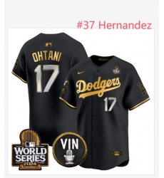 Men Los Angeles Dodgers 37 Teoscar Hernandez Black Gold 2024 World Series Patch VIN Patch Alternate Limited Stitched Baseball Jersey