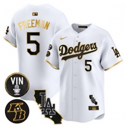 Men Los Angeles Dodgers 5 Freddie Freeman White Gold 2025 Vin  26 Kobe Patch Vapor Limited V2 Stitched Baseball Jersey