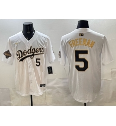 Men Los Angeles Dodgers 5 Freddie Freeman White Gold 2025 World Series Champions Patch Limited Stitched Baseball Jersey