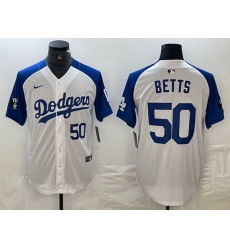 Men Los Angeles Dodgers 50 Mookie Betts White Blue Vin Patch Cool Base Stitched Baseball Jersey 1