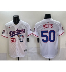 Men Los Angeles Dodgers 50 Mookie Betts White Hello Kitty Night 2025 World Series Champions Patch Stitched Baseball Jersey Men Los Angeles Dodgers 50 Mookie Betts White Hello Kitty Night 2025 World Series Champions Patch Stitched Baseball Jersey