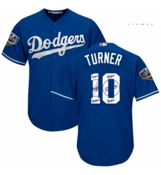 Mens Majestic Los Angeles Dodgers 10 Justin Turner Authentic Royal Blue Team Logo Fashion Cool Base 2018 World Series MLB Jersey