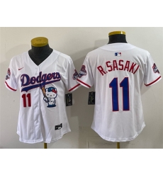 Women Los Angeles Dodgers  11 Roki Sasaki White Hello Kitty Night 2025 World Series Champions Patch Stitched Baseball Jersey  