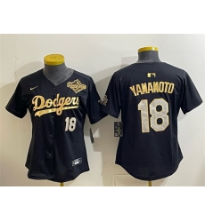 Women Los Angeles Dodgers 18 Yoshinobu Yamamoto Black Gold 2025 World Series Patch Limited Stitched Baseball Jersey Women Los Angeles Dodgers 18 Yoshinobu Yamamoto Black Gold 2025 World Series Patch Limited Stitched Baseball Jersey