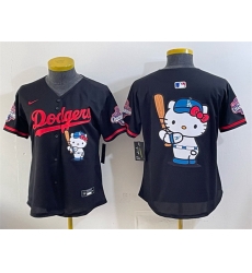 Women Los Angeles Dodgers Team Big Logo Black Hello Kitty Night 2025 World Series Champions Patch Stitched Baseball Jersey