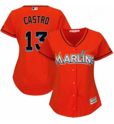 Womens Majestic Miami Marlins 13 Starlin Castro Authentic Orange Alternate 1 Cool Base MLB Jersey 