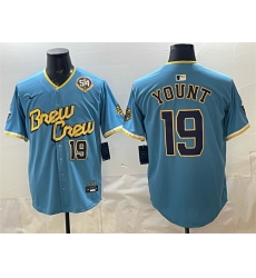 Men Milwaukee Brewers  19 Robin Yount Powder Blue City Connect With Home   Bob Uecker Patch Limited Stitched Baseball Jersey