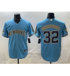 Men Milwaukee Brewers  32 Jacob Misiorowski Blue With Home   Bob Uecker Patch Stitched Baseball Jersey