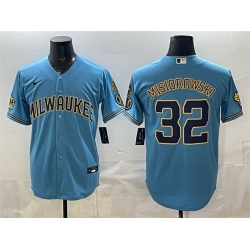 Men Milwaukee Brewers  32 Jacob Misiorowski Blue With Home   Bob Uecker Patch Stitched Baseball Jersey