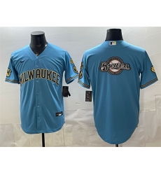 Men Milwaukee Brewers Team Big Logo Blue With Home   Bob Uecker Patch Stitched Baseball Jersey
