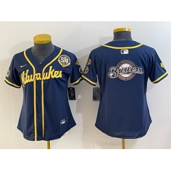Women Milwaukee Brewers Team Big Logo Navy With Home   Bob Uecker Patch Limited Stitched Jersey