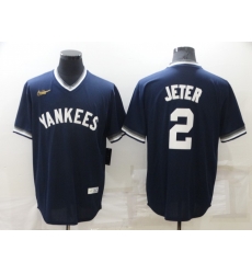 Men's New York Yankees #2 Derek Jeter Navy Blue Cooperstown Collection Stitched MLB Throwback Nike Jersey