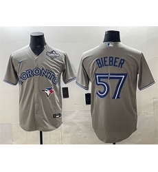 Men Toronto Blue Jays 57 Shane Bieber Grey 2025 World Series Cool Base Stitched Baseball Jersey Men Toronto Blue Jays 57 Shane Bieber Grey 2025 World Series Cool Base Stitched Baseball Jersey