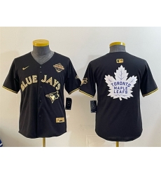 Youth Toronto Blue Jays 26 Leafs Black Gold 2025 American League Champions With White Leafs Logo Limited Stitched Baseball Jersey Youth Toronto Blue Jays 26 Leafs Black Gold 2025 American League Champions With White Leafs Logo Limited Stitched Baseball Jersey
