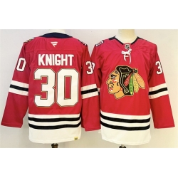 Men Chicago Blackhawks 30 Spencer Knight Red 2025 Home 100th Anniversary Stitched Hockey Jersey