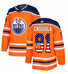 Mens Adidas Edmonton Oilers 91 Drake Caggiula Authentic Orange USA Flag Fashion NHL Jersey 