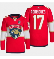 Men Florida Panthers 17 Evan Rodrigues Red 2024 Stanley Cup Final Patch Stitched Jersey