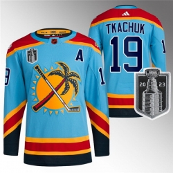 Men Florida Panthers 19 Matthew Tkachuk Blue 2023 Stanley Cup Final Reverse Retro Stitched Jersey